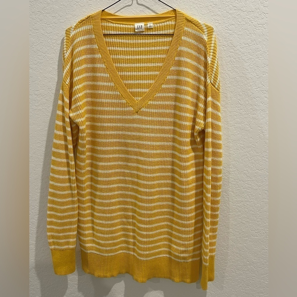 Gap Sweater Yellow and White striped V Neck knit 100% Cotton Sweater size S‎